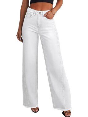 Women's White Cotton Blend High Waisted Stretchy Trendy Denim Wide Leg Pant
